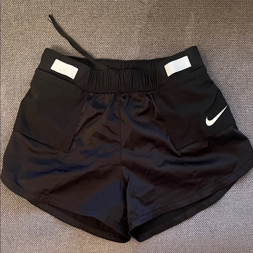 Nike Running XS Black Athletic Shorts with White logo, Elastic Loops, Pockets